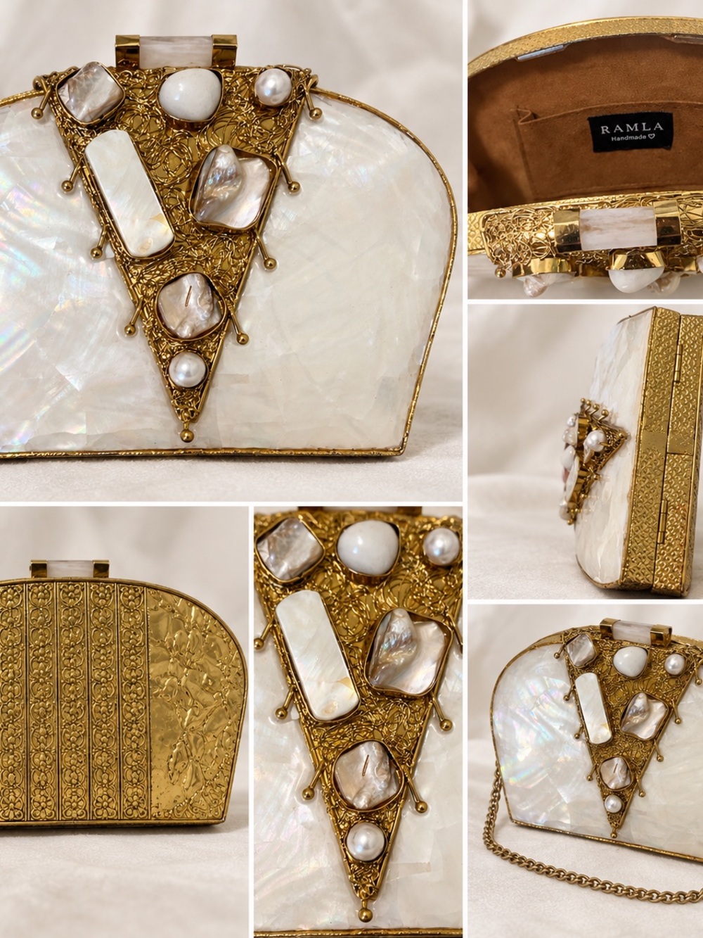 Ramla White Mother-of-Pearl & Gold Filigree Evening Clutch